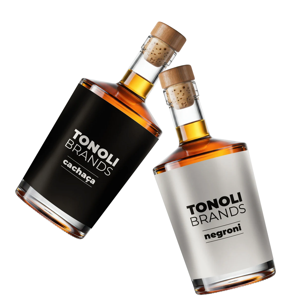 Garrafas Tonoli Brands de cachaça e negroni
